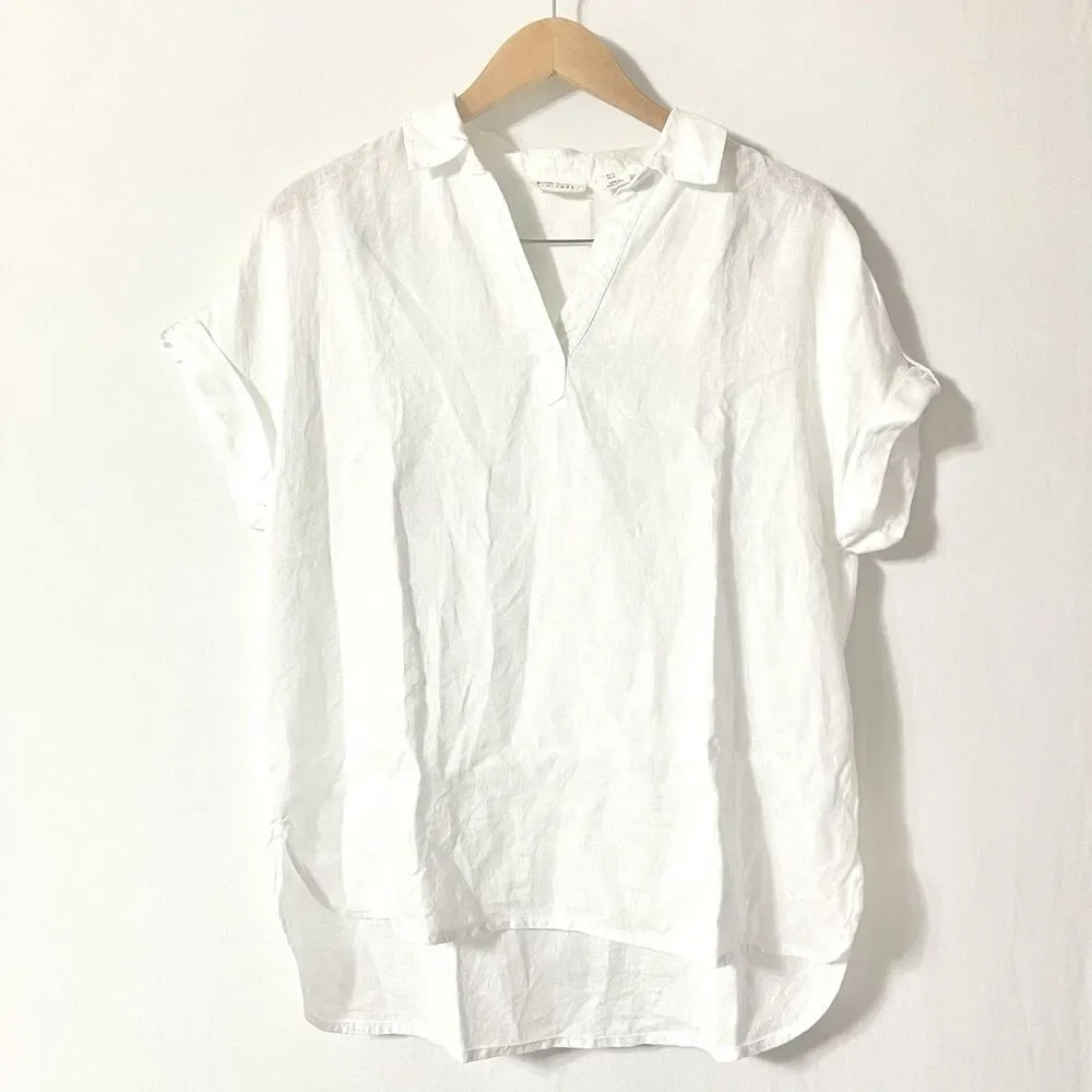 Nicole Miller White 100% Linen V-Neck Popover Top Shirt Roll Tab Short Sleeve